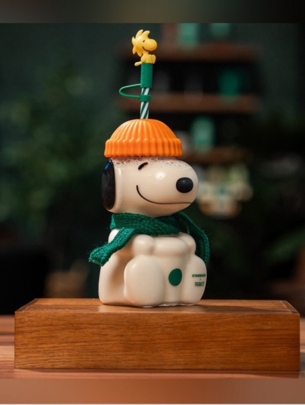 Starbucks Snoopy Figurine with Orange Beanie and Green Scarf